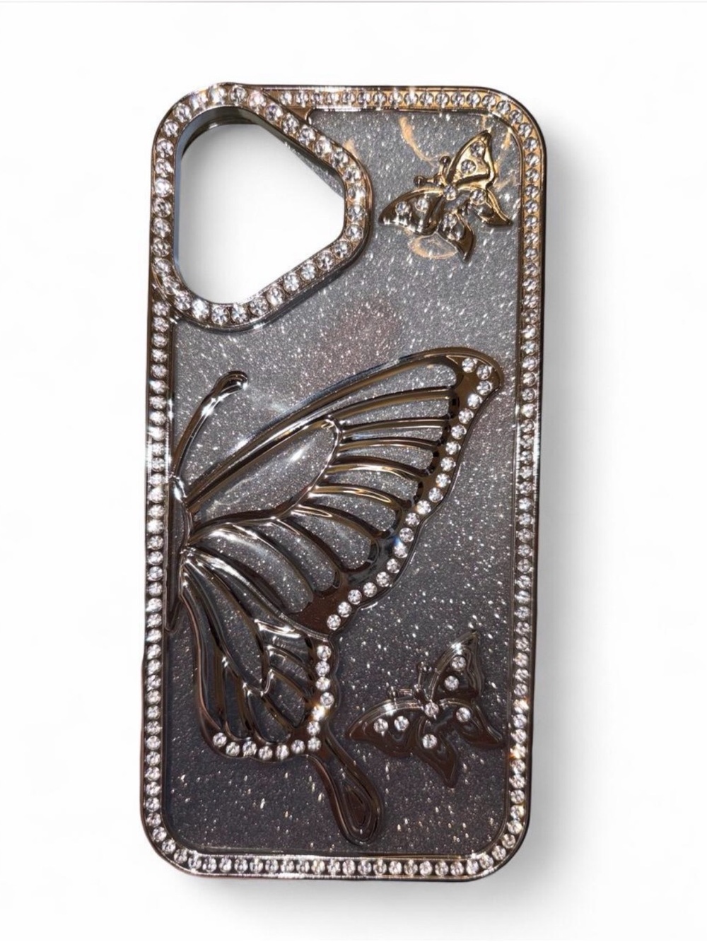 Glitter Black Butterfly Rhinestone Phone Case - For IPhone 16